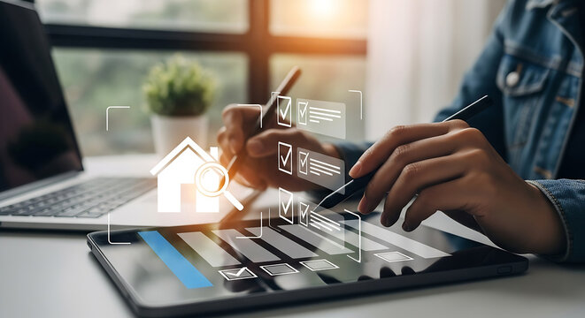 Online Home Inspection Checklist: Digital Tablet, Real Estate Appraisal, Inspector at Work