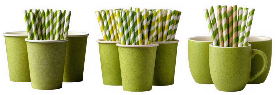 Several green paper cups are filled with colorful striped paper straws presented in groups against a transparent background for a festive occasion - Powered by Adobe