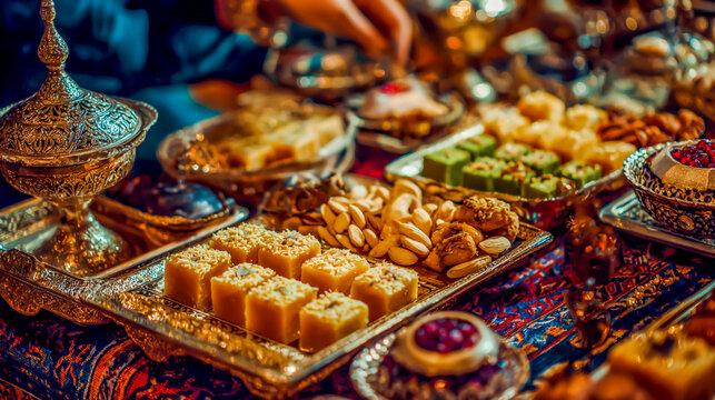 Opulent Display of Middle Eastern Sweets and Nuts on Golden Trays for Celebratory Occasion or Festive Gathering