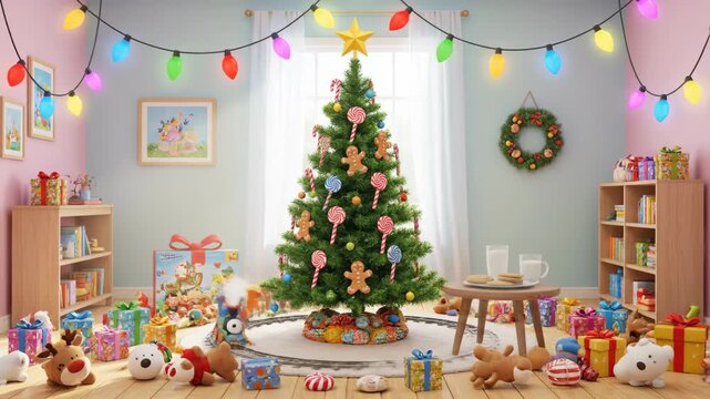 Fun and colorful Christmas reveal in a child's room with exploding toys