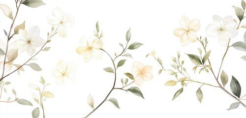 A soft watercolor depiction of delicate jasmine flowers blooming on thin branches, with creamy white petals and subtle green leaves, set against a pure white background.