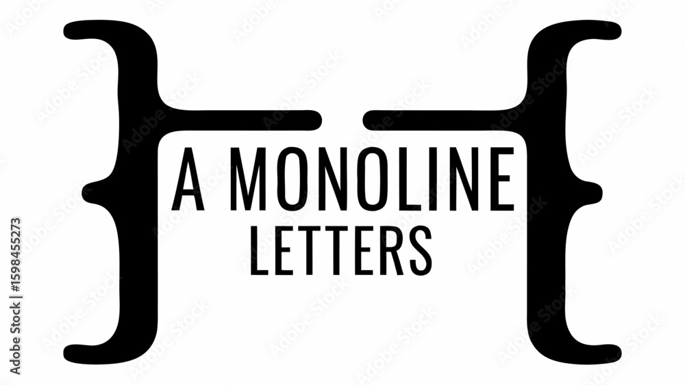 Poster illustration of a monoline letters text with curly brackets on each side in a black and white design