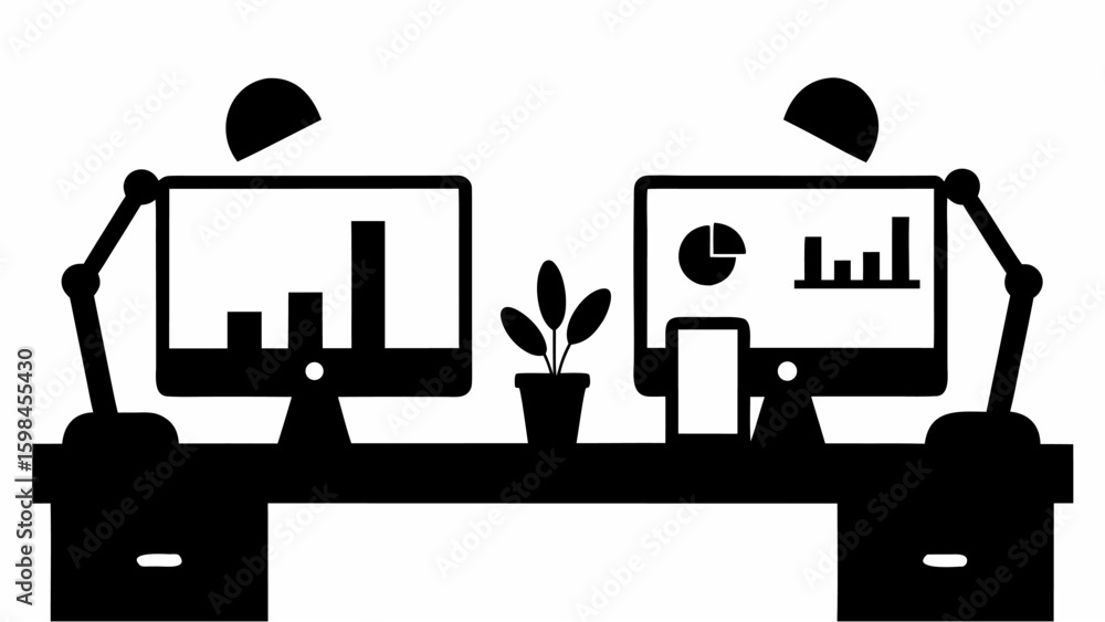 Poster black and white illustration of two desks with computers displaying data charts and lamps above them