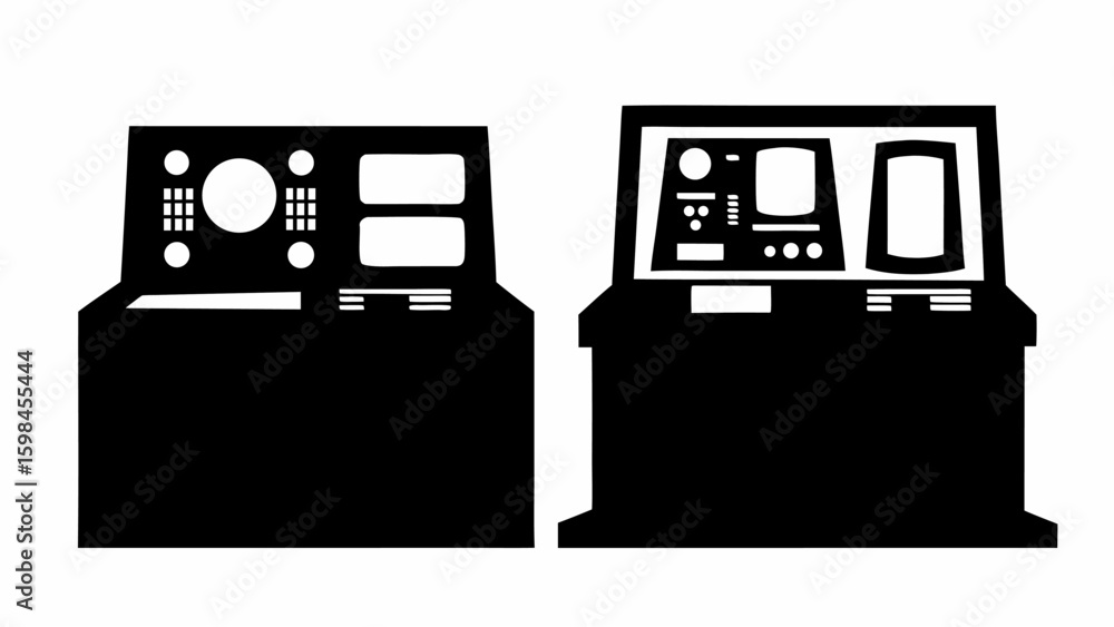 Poster two black control panels with screens buttons and other controls in a simple vector illustration