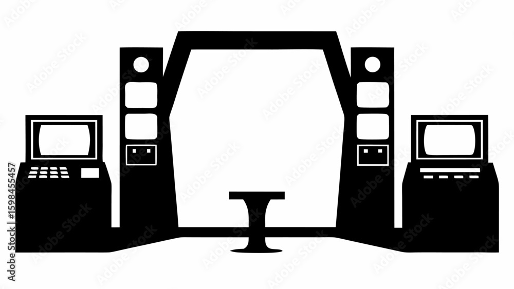 Aufkleber black and white illustration of a futuristic stage setup with computers and a central structure