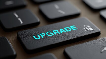 A close-up view of a keyboard focusing on the prominently illuminated upgrade key, highlighting the push for technological progress and enhancements in everyday devices.