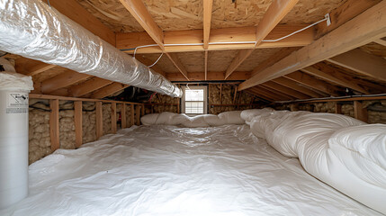 Crawl space with vapor barrier and insulated walls featuring a dirt floor covered in white plastic sheeting and insulation, preventing moisture and improving energy efficiency.