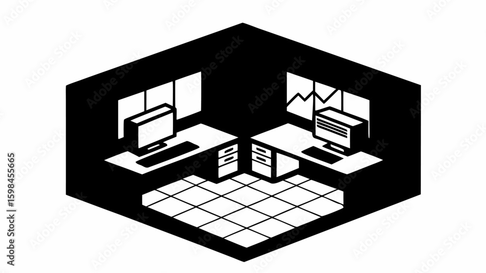 Poster isometric illustration of a shared office space with two desks computers and window views displayed