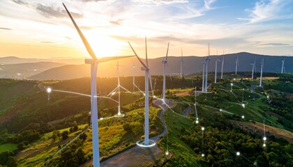 Digital graphic work on green energy power production.Renewable energy design.Windmill and graphic diagram of air currents that produce green energy. Green energy power production it is future.