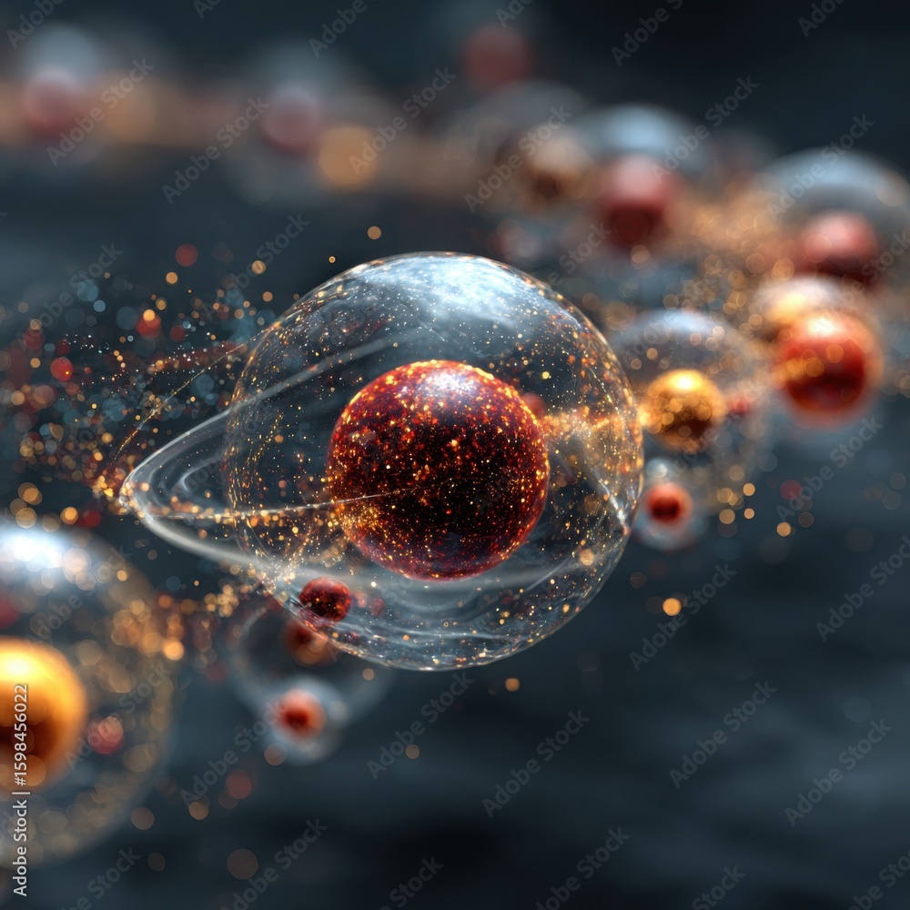 Poster colorful particles are captured in motion, showcasing the dynamic interactions at the atomic level. 