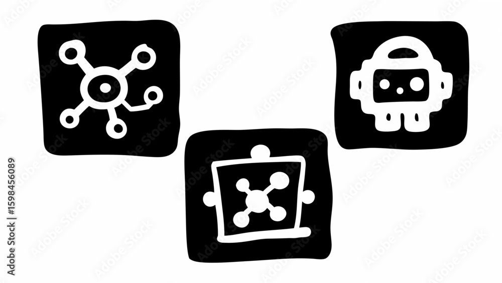 Poster three black squares each containing a different white icon including a robot and network icons in bl
