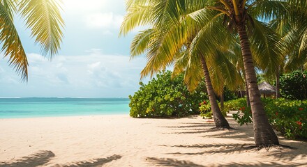 Idyllic tropical beach with palm trees and clear turquoise water on a sunny day.