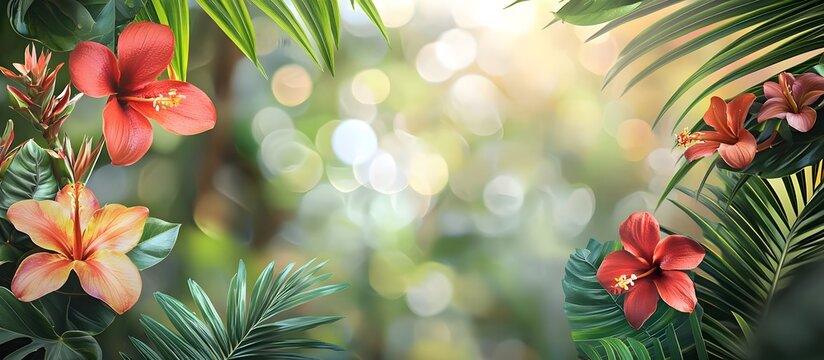 tropical plants and flowers in a blurred background