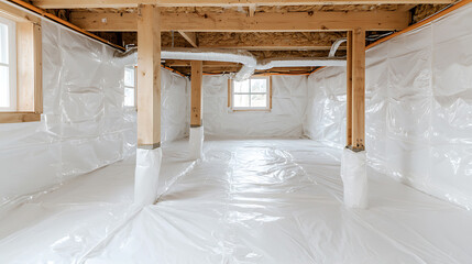 Crawl space encapsulation for moisture control. Wooden beams support the structure, with plastic sheeting protecting against humidity.