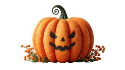A carved halloween pumpkin with a spooky face and a curly stem sits surrounded by small orange berries and leaves on a transparent background