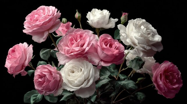 Elegant floral display of roses in full bloom with soft pink and white petals, presented against a dark background.