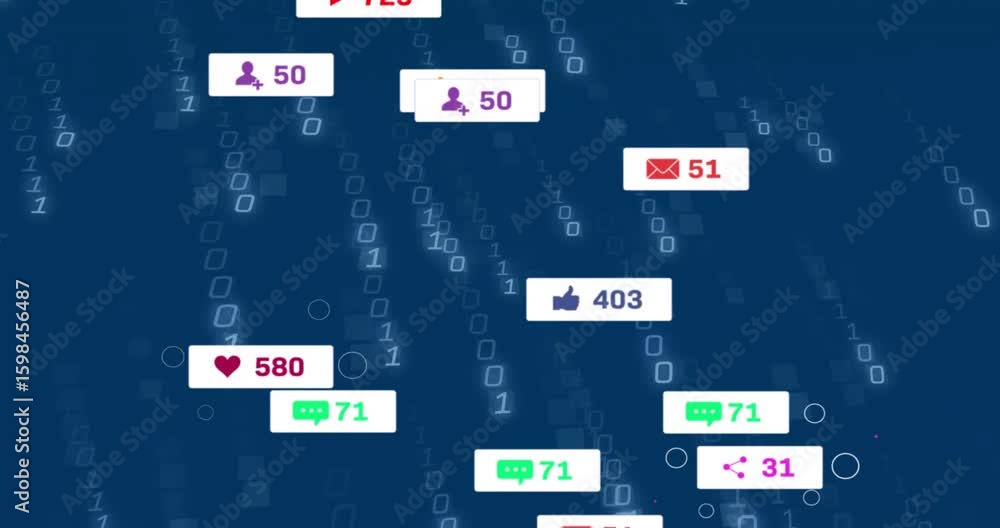 Poster opening dark blue backdrop cascading binary as social media badges animating engagement metrics