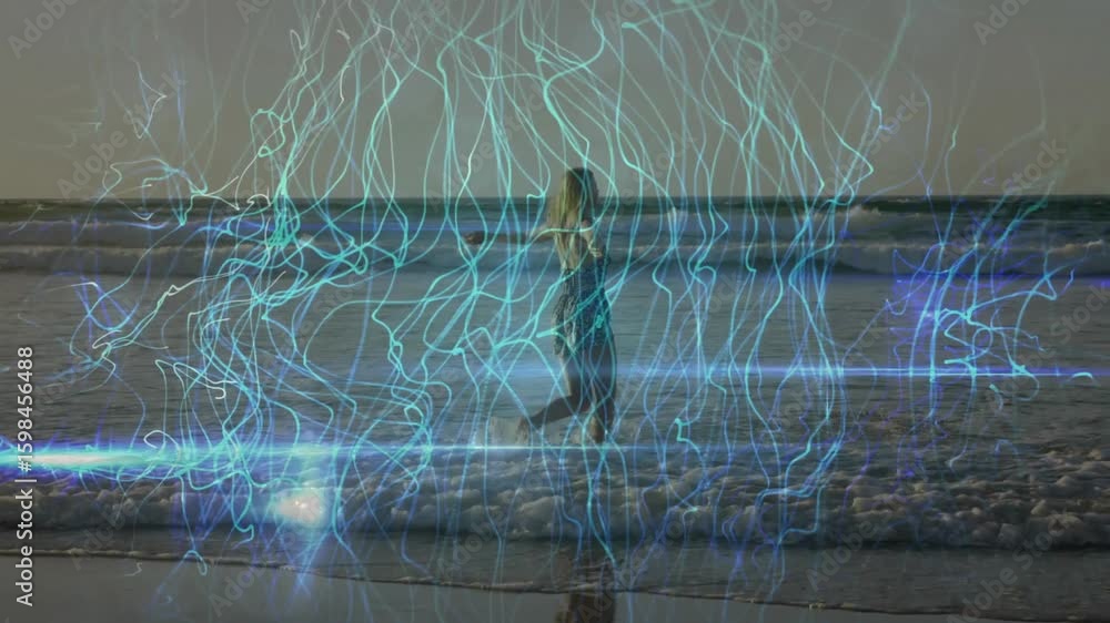 Poster shoreline dancer standing at dusk activating animated energy lines and showcasing tech integration