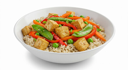 A white bowl filled with brown rice, tofu cubes, and stir-fried vegetables like bell peppers, carrots, and snap peas. A light soy sauce glaze adds shine, and the white background enhances the natural 