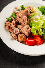 Tuna salad green leaf lettuce, canned tuna, tomato fresh delicious gourmet food background on the table rustic food top view copy space keto and paleo diet vegetarian food pescetarian diet