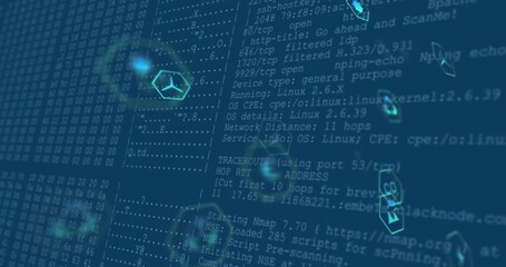 At start teal hexagonal eco power icons drifting across blue and terminal text revealing port scans - Powered by Adobe