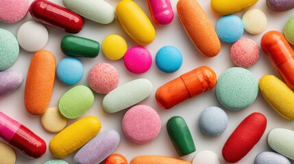 A variety of pills and tablets in numerous colors and shapes are scattered on a white surface. The assortment includes capsules, round tablets, and oblong shapes, showcasing a lively mix.