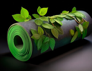 Rolled yoga mat transforming into a forest path with moss and leaves. Concept of eco wellness and connection between yoga and nature in sustainable living