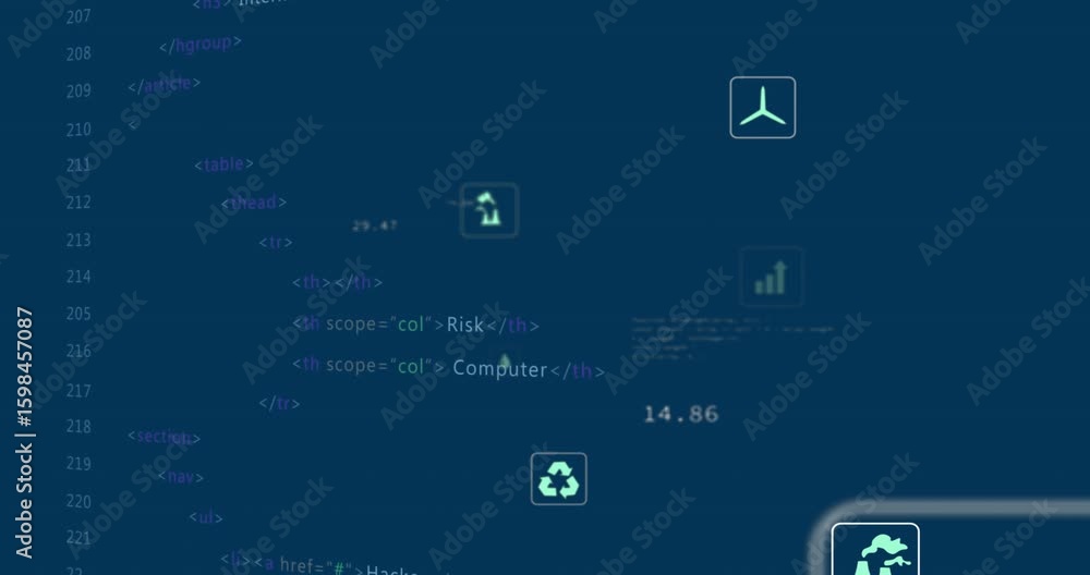 Poster fading in at start, data icons floating over scrolling cybersecurity, updating metrics to monitor