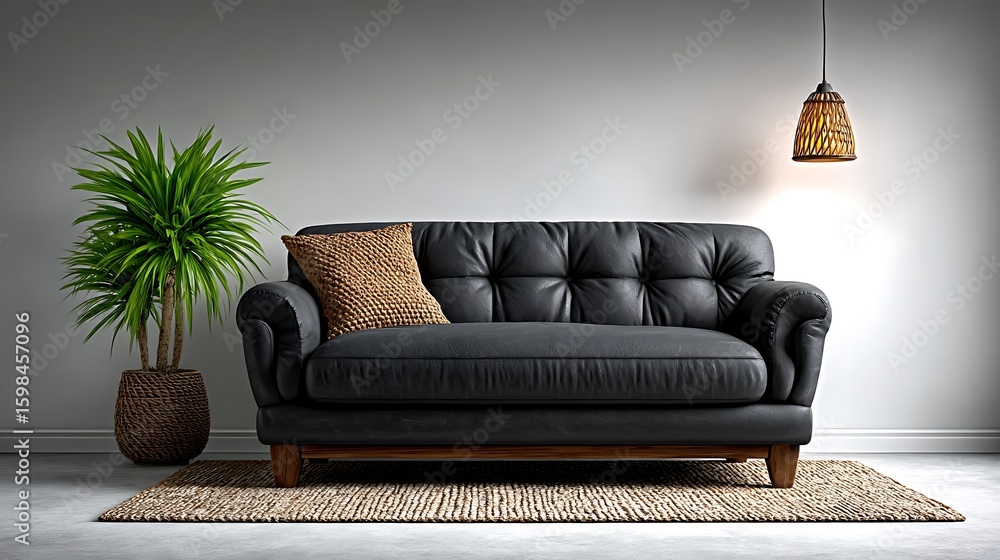 Poster realistic rendering of a clean modern space with a matte black sofa and a solid white empty wall, mi