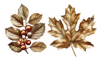 A detailed watercolor illustration of a maple leaf and a branch with berries showcasing the warm earthy tones of autumn isolated on transparent