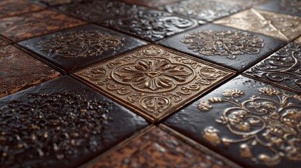 Ornamental tiles with intricate floral and geometric patterns create a decorative surface. Texture and design unite in decorative style.