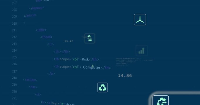 Fading in at start, data icons floating over scrolling cybersecurity, updating metrics to monitor
