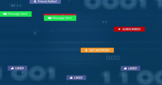 Cursors clicking UI buttons, causing notification badges floating fading representing engagement