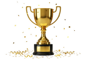 Golden champion trophy with confetti and ribbons isolated on transparent background
