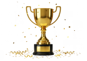 Golden champion trophy with confetti and ribbons isolated on transparent background