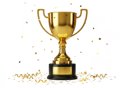 Golden champion trophy with confetti and ribbons isolated on transparent background