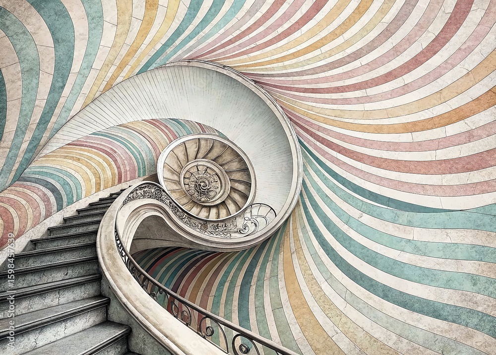 Poster spiral stairs colorful design curved pattern architectural elegance artistic structure unique viewpo