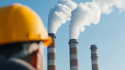 Industrial Worker Overseeing Factory Emission. Concerns about Air Pollution and Climate Change arise as plumes of smoke rise into the clear blue sky.
