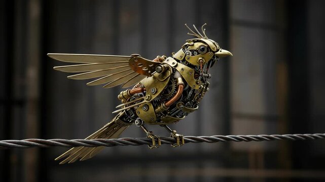 Brass Steampunk Robot Bird on Wire