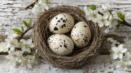 Obraz premium Three speckled eggs rest in a natural nest surrounded by delicate cherry blossoms. The rustic wooden background adds a charming spring ambiance and highlights the beauty of nature.