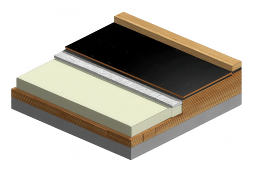 Isometric cross-section of a black flat roof with a wood deck and a foam-core, png, transparent