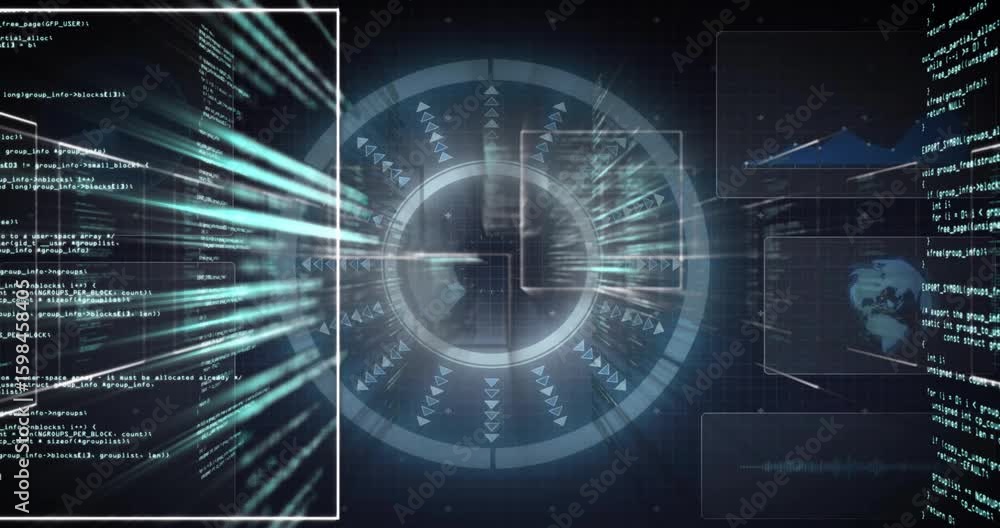 Poster arrows initiating scan on hud, code panels sliding in, light streaks intensifying, visualizing data