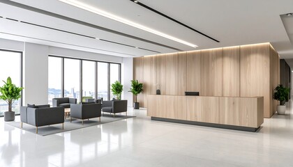 Fototapeta premium Modern office lobby with light wood reception desk and dark seating