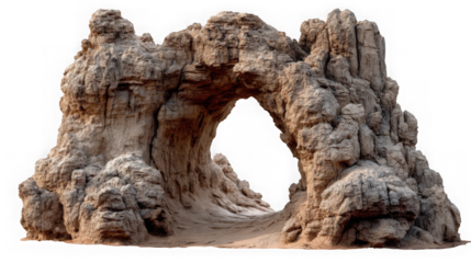 A natural rock formation with a large archway creates a dramatic entrance to a hidden passage or cave isolated on transparent background