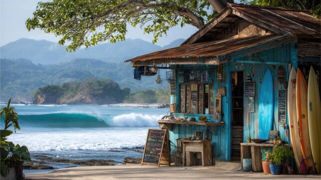 A vibrant, weathered shop stands near the beach showcasing surfboards, surrounded by lush greenery and calm ocean waves rolling in during the afternoon