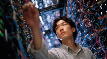 A technician works on server equipment in a data center filled with colorful cables. The individual carefully inspects connections, ensuring optimal performance and functionality