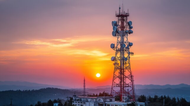 A communications tower stands tall amidst a picturesque hilly landscape as the sun sets, casting warm colors across the sky and creating a serene atmosphere in the evening