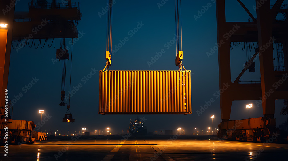 Poster cargo container at port: a large container is suspended between cranes at a busy shipping terminal, 