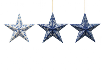 Three decorative blue and white ornate star ornaments hanging isolated on transparent background