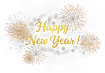 Golden happy new year text surrounded by sparkling fireworks and bokeh lights isolated on transparent background